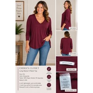 Emma's Closet Burgundy Long Sleeve V-Neck Top XXL EM1127X Rayon Modal Stretch